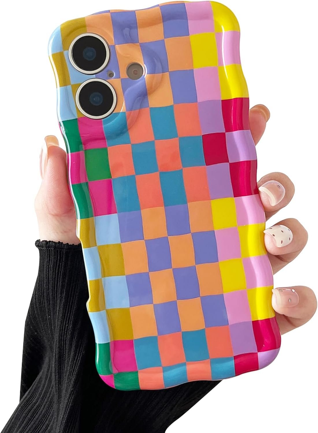 Compatible with iPhone 17 Case, Cute Wave Curly Colorful Checkerboard Plaid Pattern Cover for Women, Soft TPU Shockproof Protection Case Compatible for iPhone 17 (Colorful 2)