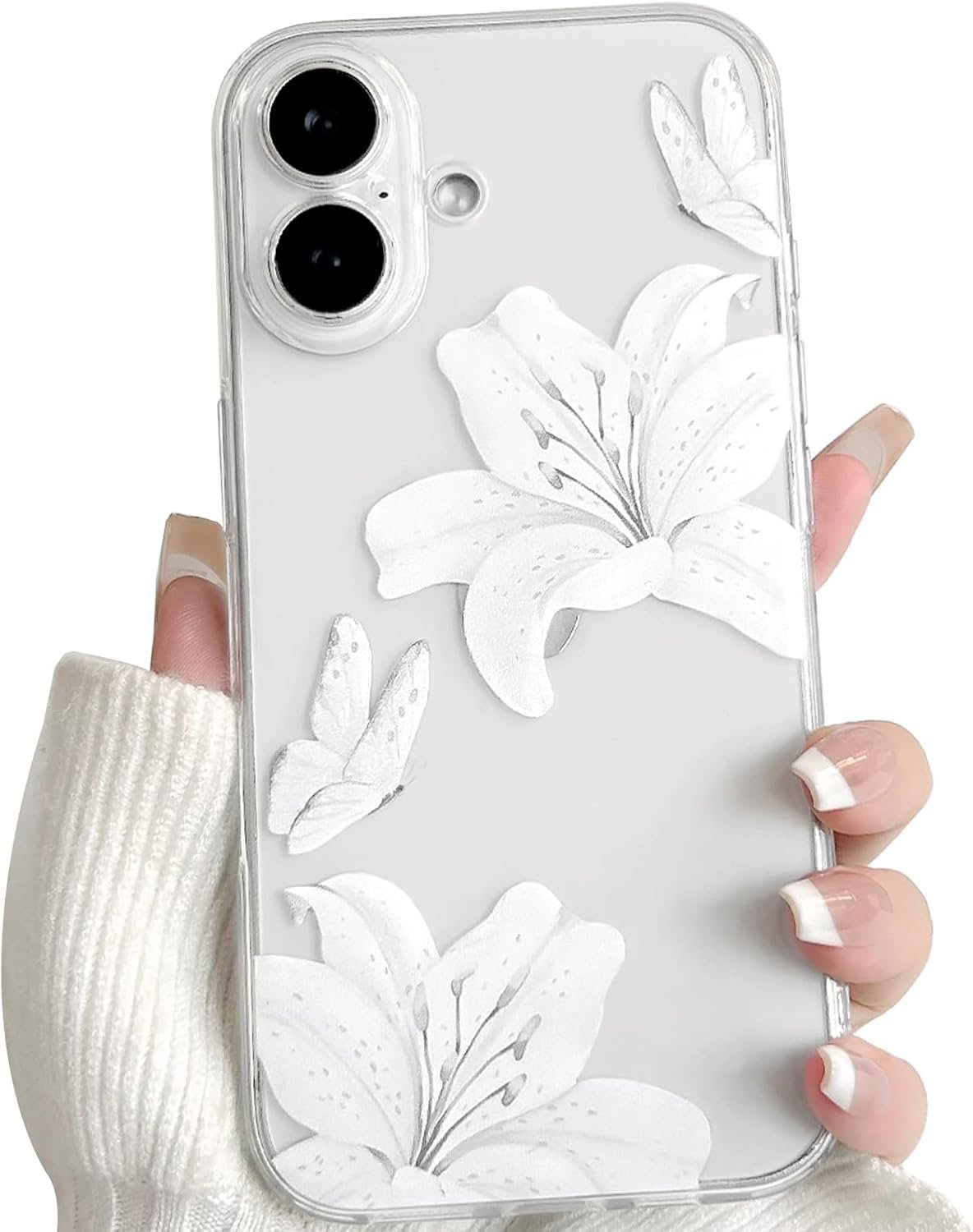 Compatible for iPhone 17 Case Clear Cute Butterfly Lily Flower Floral Pattern for Women Girls Full Camera Lens Clear Slim Shockproof Protective Phone Cover - White