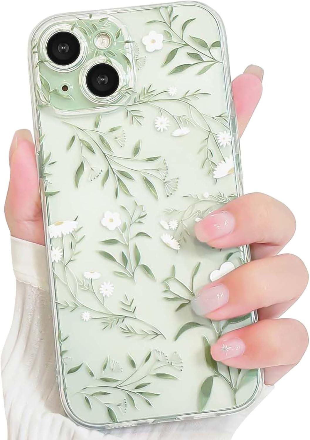Compatible for iPhone 15 Case Cute Clear Flower Floral Leaves Design for Girls Women Soft TPU Shockproof Protective Girly for iPhone 15-Green Branches