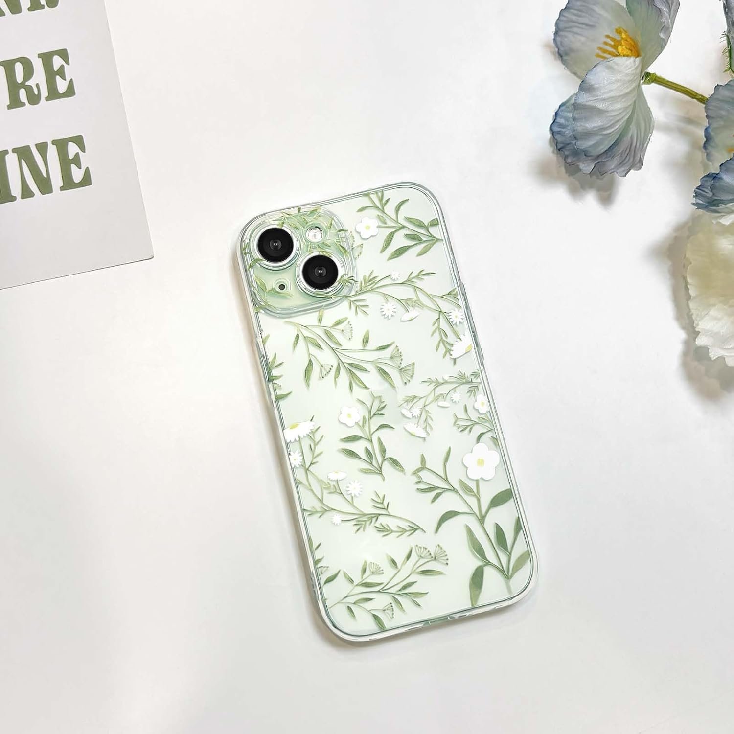 Compatible for iPhone 15 Case Cute Clear Flower Floral Leaves Design for Girls Women Soft TPU Shockproof Protective Girly for iPhone 15-Green Branches - Image 2