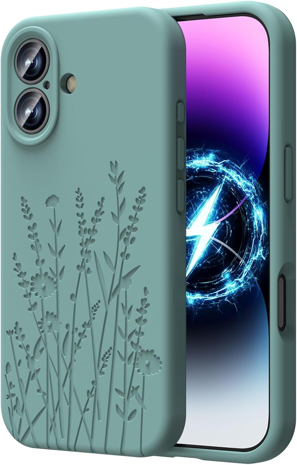 Magnetic Engraved Case Compatible with iPhone 17 Case, Compatible with Magsafe, Camera All-Round Protection, Slim Liquid Silicone Phone Case for Women Girls, Midnight Green Flower