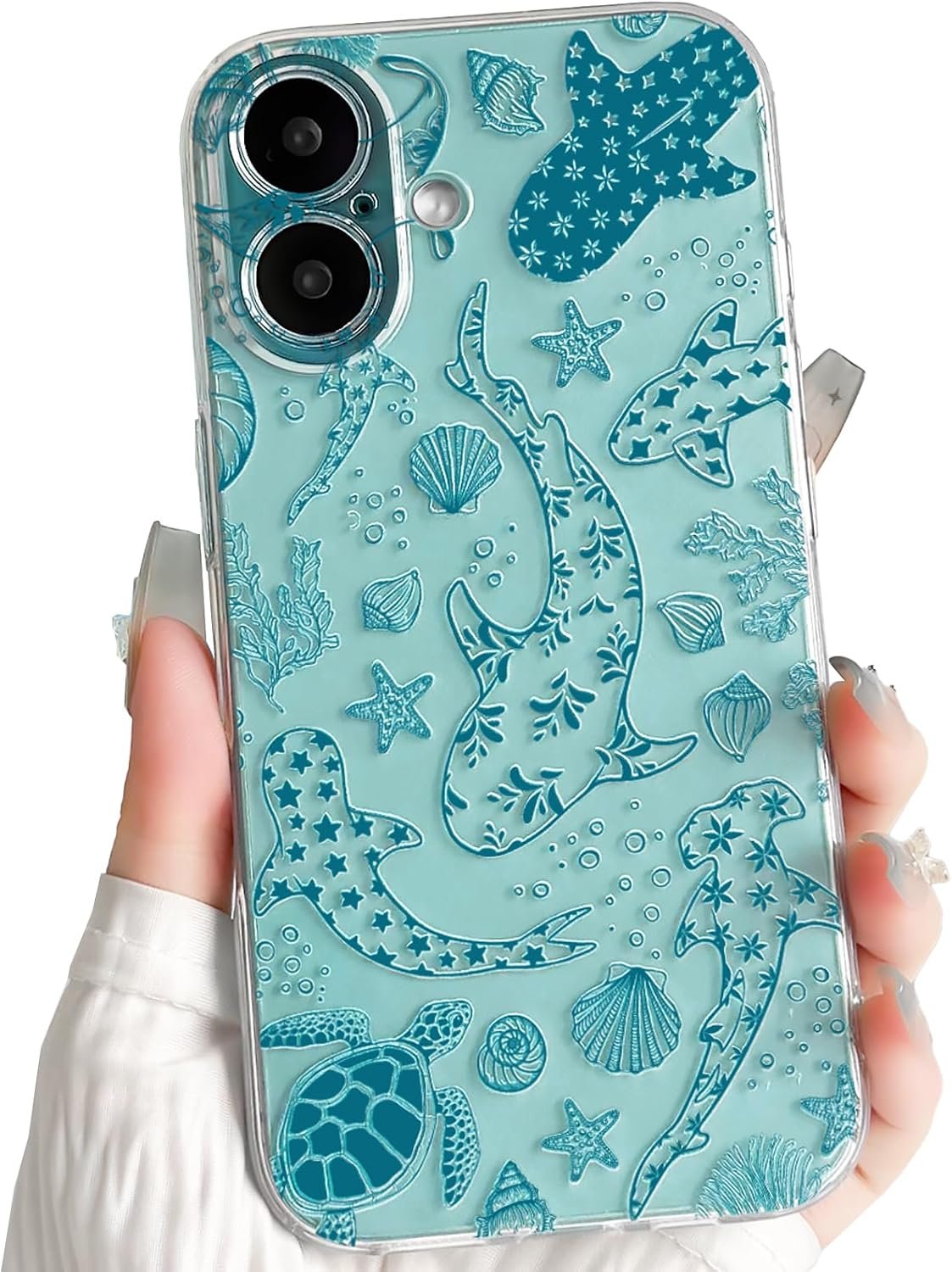 Compatible with iPhone 16 Case Clear Cute Shell Whale Sea Ocean Animal Pattern for Women Girls Full Camera Lens Slim Shockproof Protective Phone Cover - Green Turtle