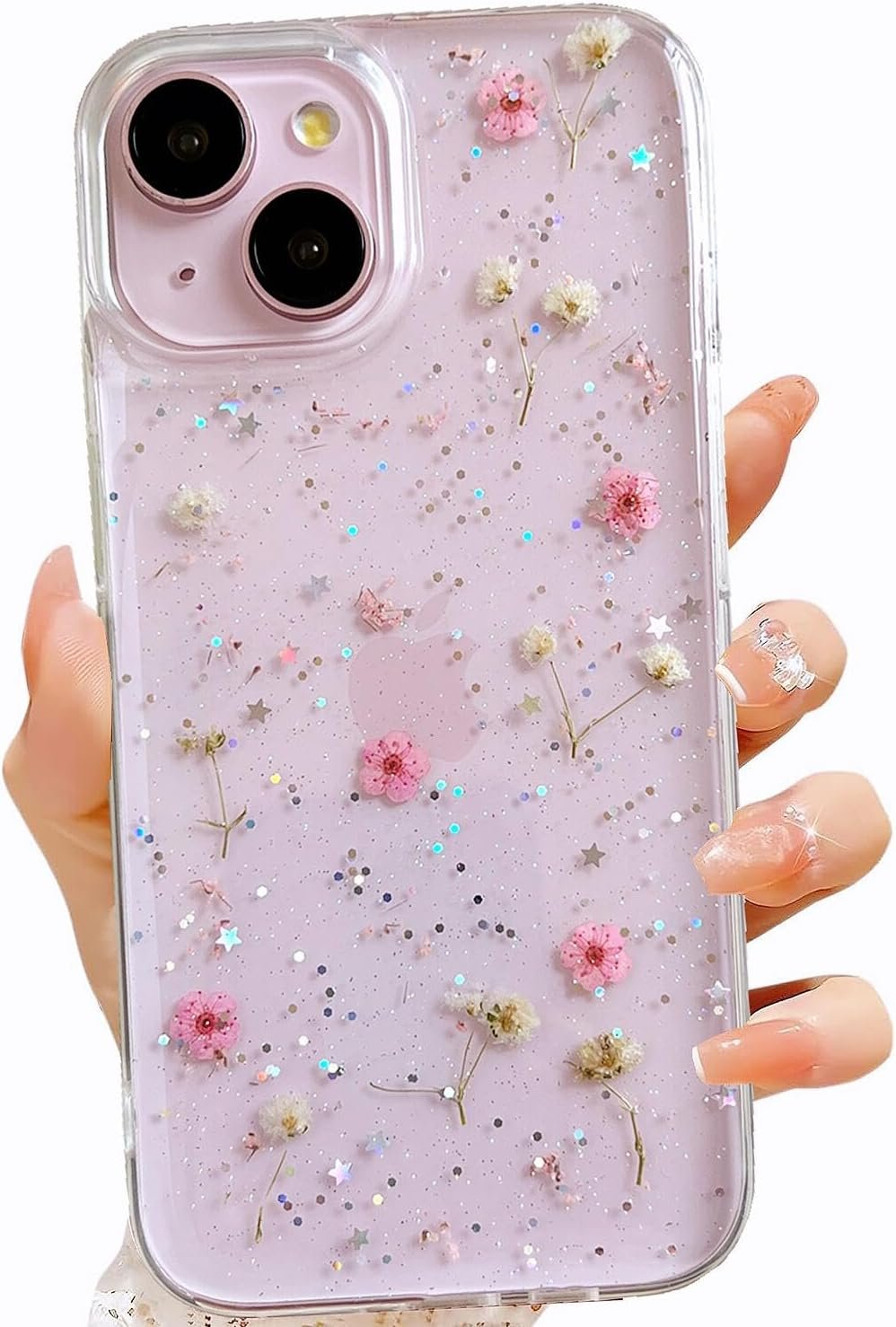for iPhone 15 / iPhone 14/ iPhone 13 Clear Case with Pressed Real Flowers Design,Glitter Cute Pink Floral Pattern Soft TPU Protective Women Girl's Phone Cover for iPhone 13/14/15
