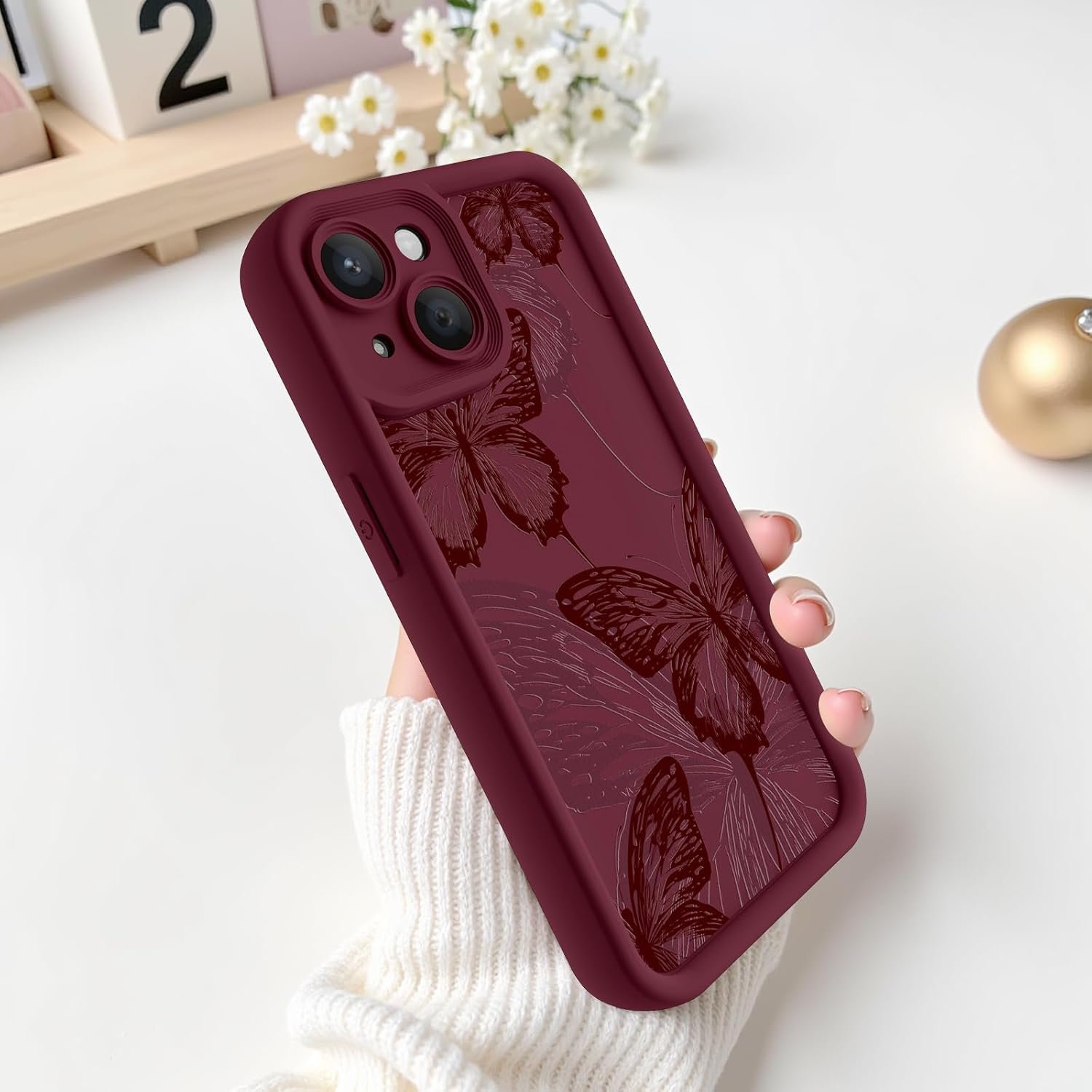 for iPhone 13 Case, Creative Butterfly Pattern Design for Girl Women, Soft Silicone Shockproof Anti-Scratch Protection Phone Cover for iPhone 13 (Burgundy Red Butterfly) - Image 2