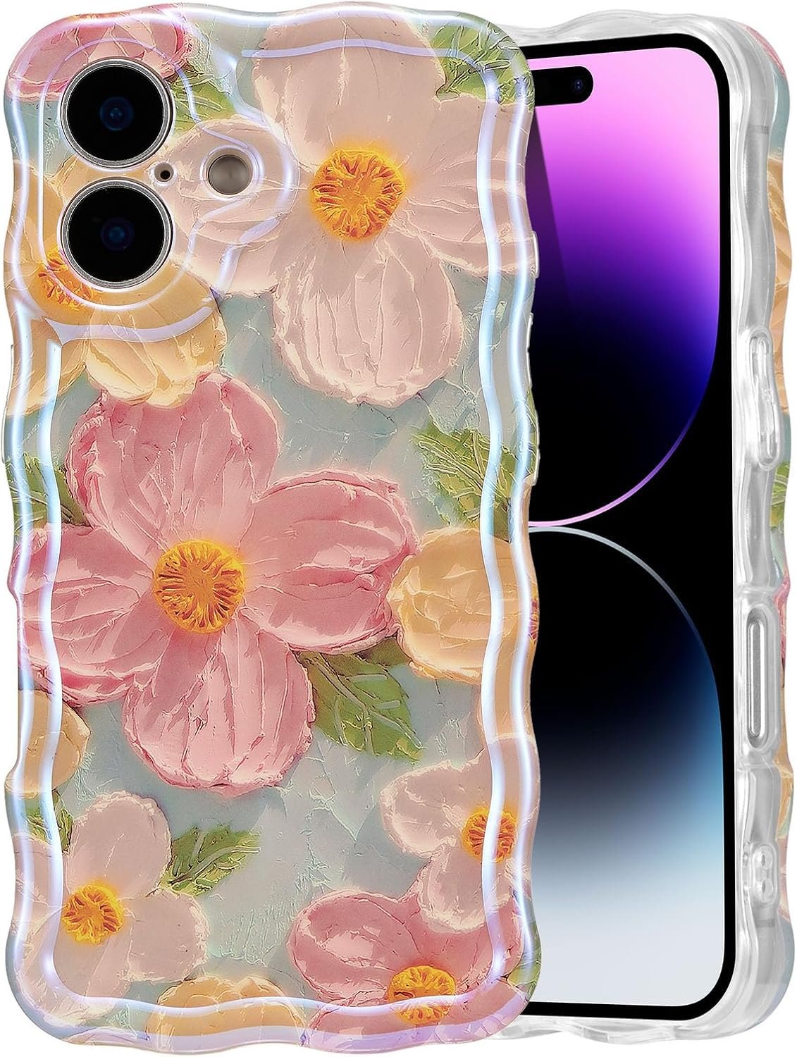 Case for iPhone 16, Colorful Retro Oil Painting Printed Flower Laser Glossy Pattern Cute Curly Wave Edge Exquisite Phone Cover Stylish Durable TPU Protective Case for Girl Women-Green