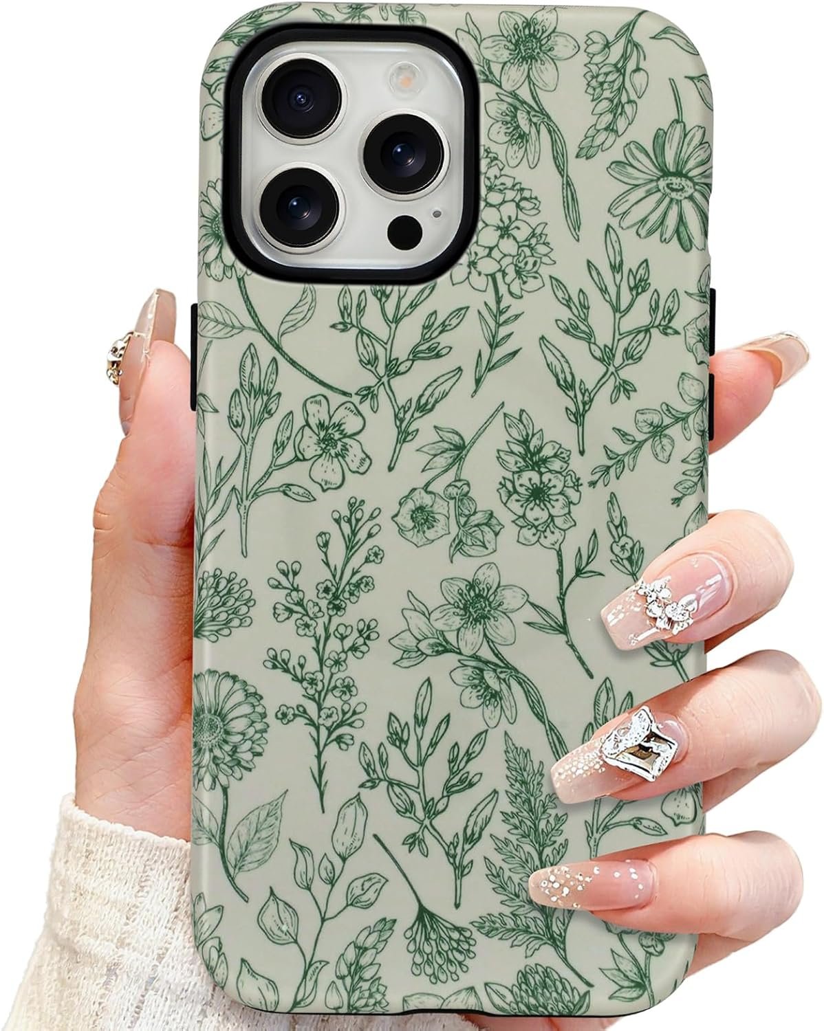 Magnetic Sage Floral Phone Case for iPhone 15 Pro, Vintage Green Flower Pattern Compatible with Magsafe Matte Protective Case Cover with Screen Protector for Girls Women