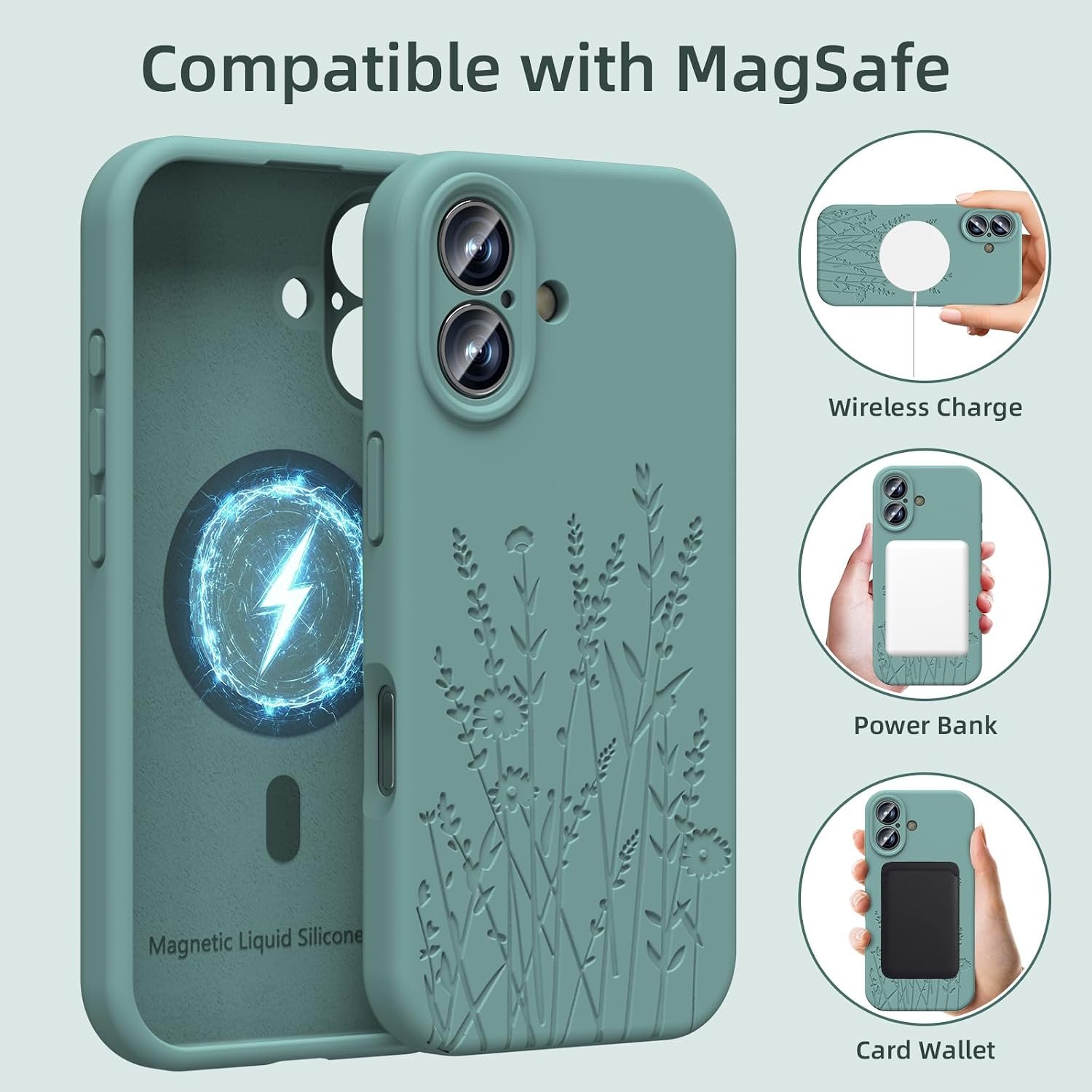 Magnetic Engraved Case Compatible with iPhone 17 Case, Compatible with Magsafe, Camera All-Round Protection, Slim Liquid Silicone Phone Case for Women Girls, Midnight Green Flower - Image 2