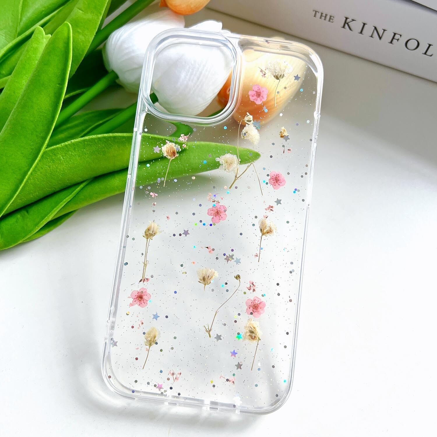 for iPhone 15 / iPhone 14/ iPhone 13 Clear Case with Pressed Real Flowers Design,Glitter Cute Pink Floral Pattern Soft TPU Protective Women Girl's Phone Cover for iPhone 13/14/15 - Image 2