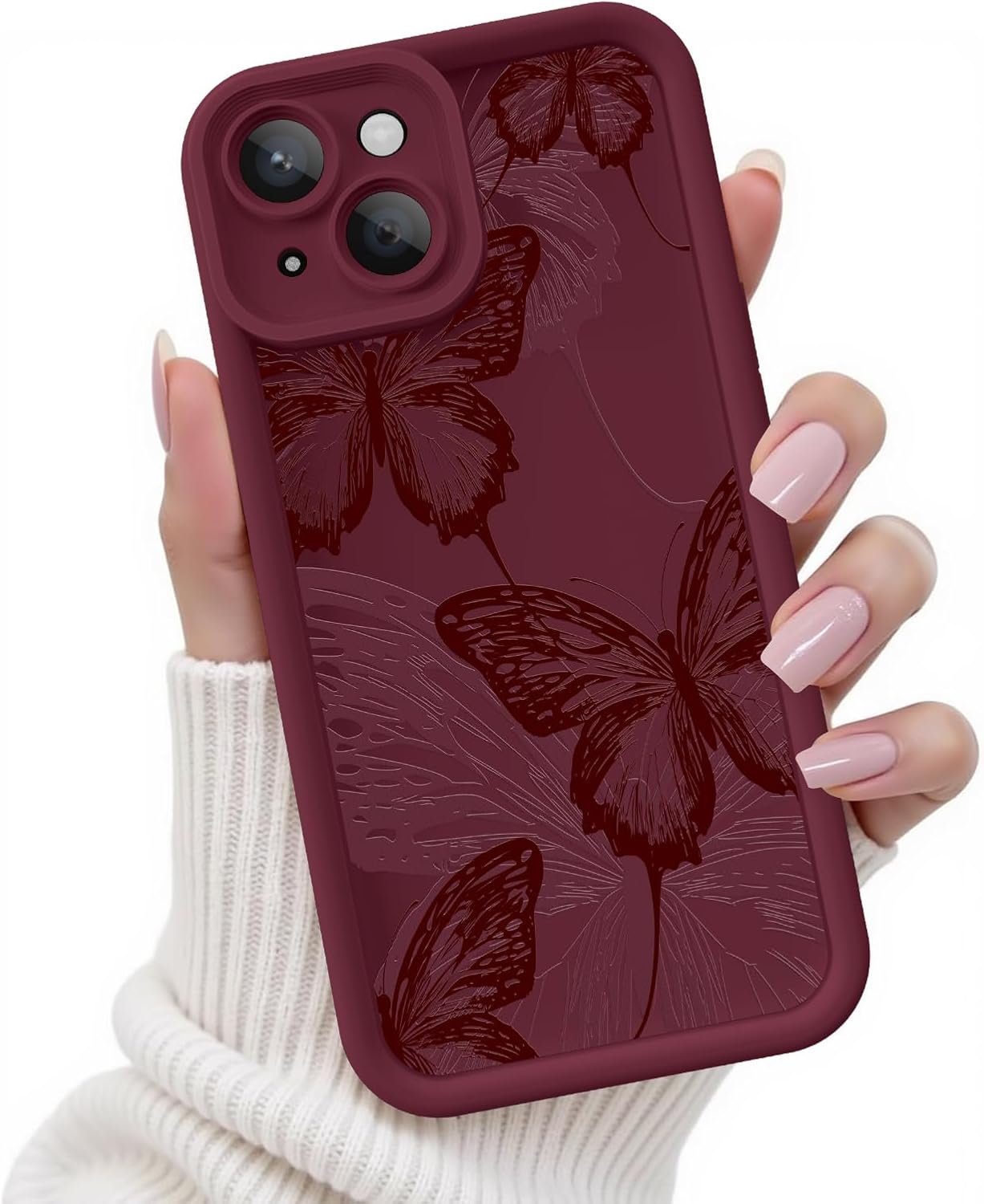 for iPhone 13 Case, Creative Butterfly Pattern Design for Girl Women, Soft Silicone Shockproof Anti-Scratch Protection Phone Cover for iPhone 13 (Burgundy Red Butterfly)