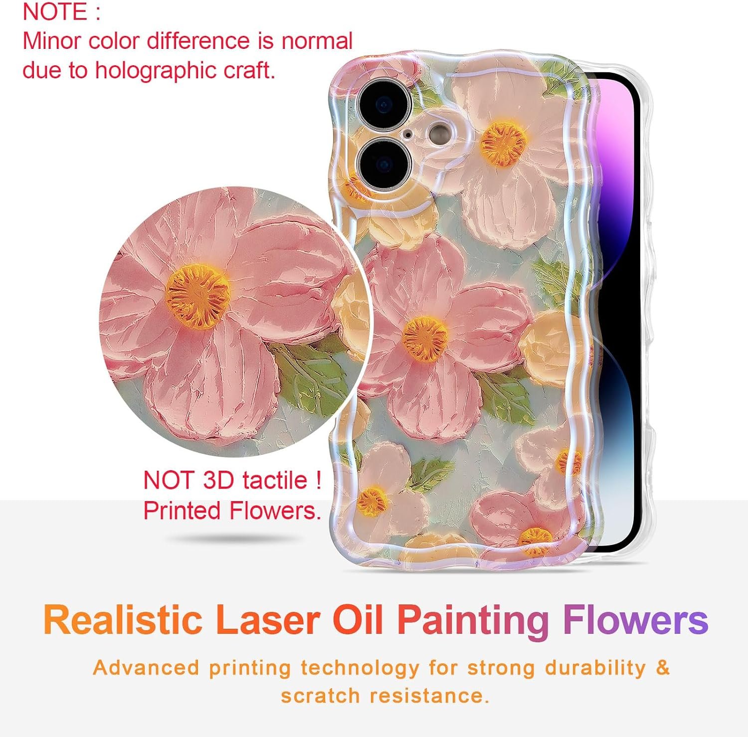 Case for iPhone 16, Colorful Retro Oil Painting Printed Flower Laser Glossy Pattern Cute Curly Wave Edge Exquisite Phone Cover Stylish Durable TPU Protective Case for Girl Women-Green - Image 2