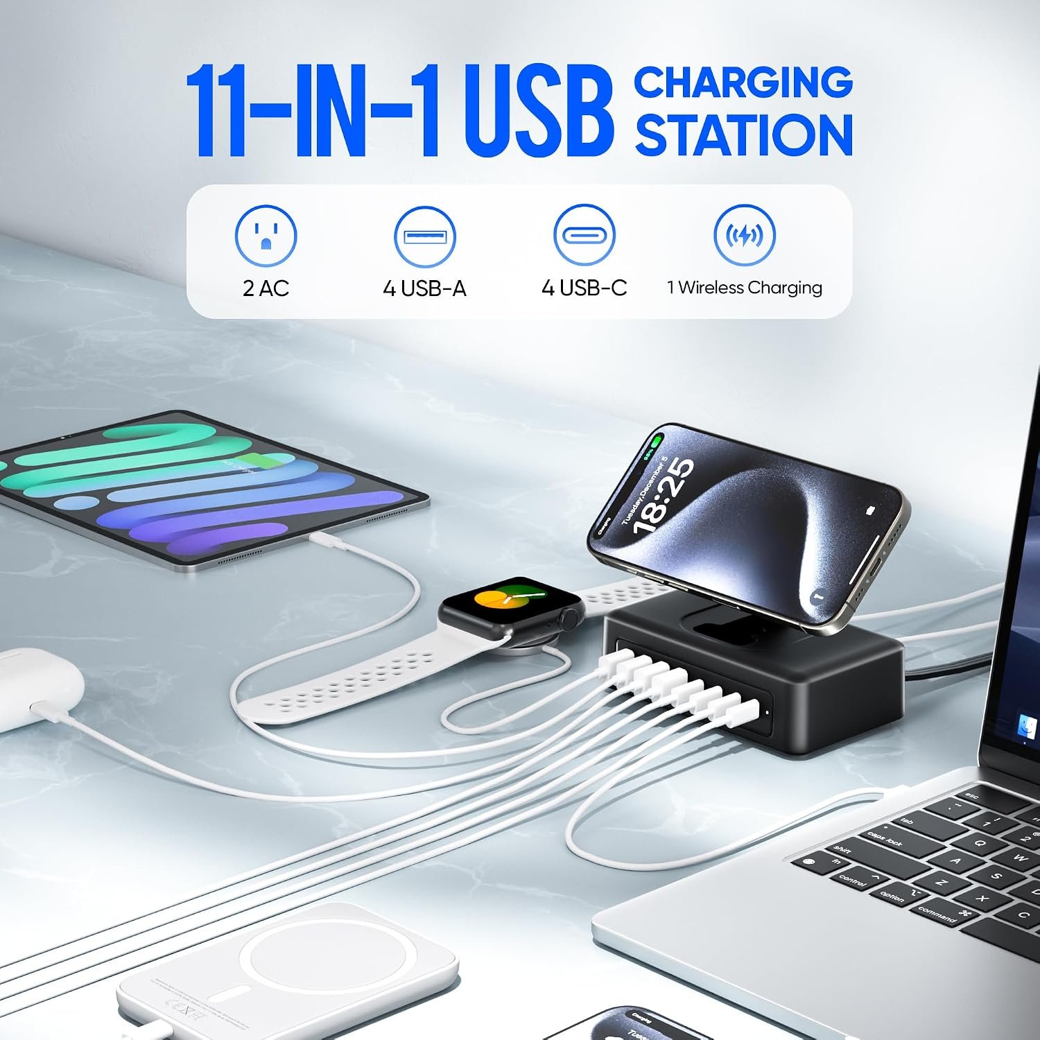 300W USB Charging Station, 11-in-1 USB C Power Strip Surge Protector, 2AC Outlets & 8USB Ports, 5ft Flat Plug Extension Cord with Multiple Devices, Desktop Charger for Home Office Desk Accessories - Image 2
