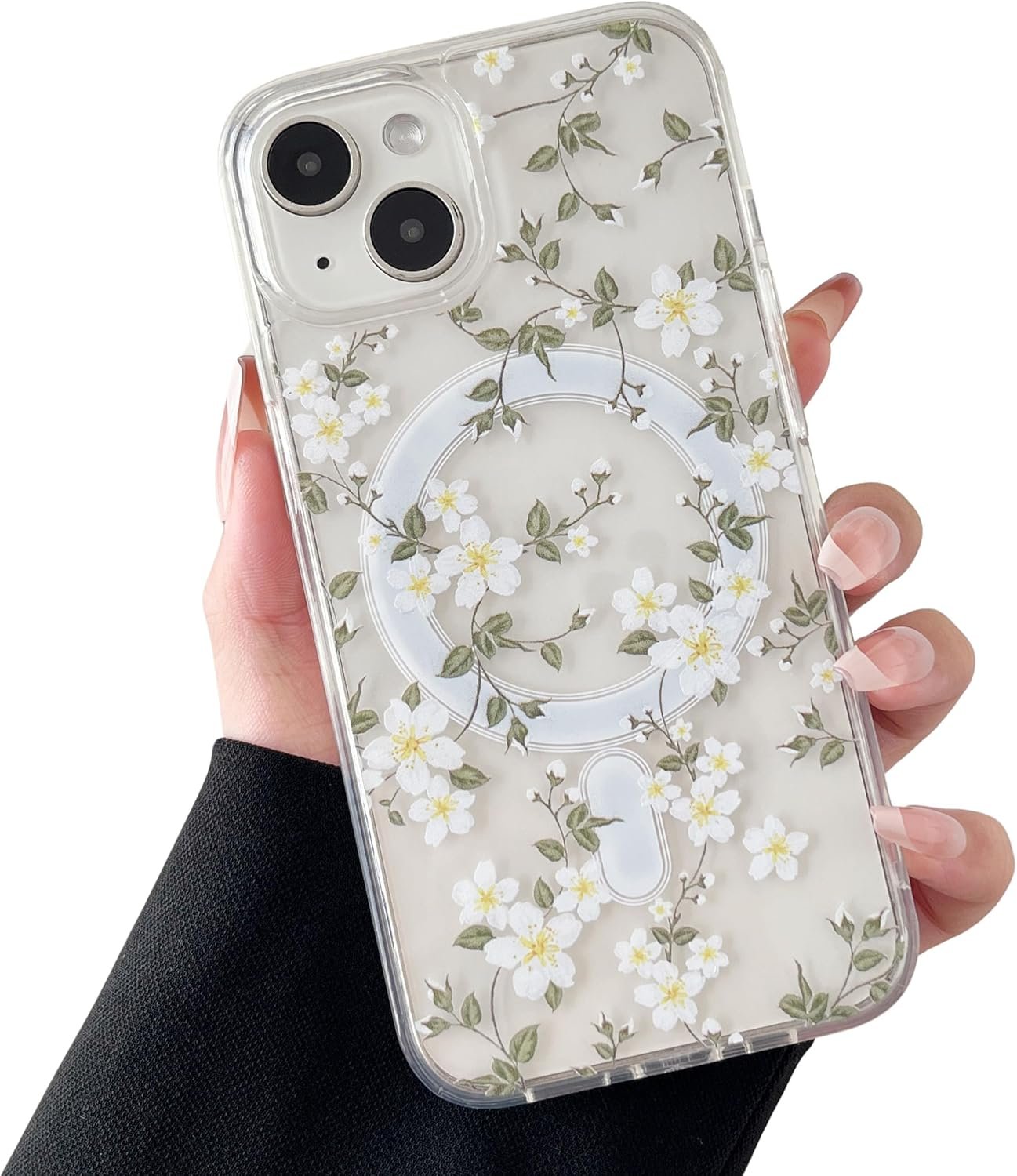 for iPhone 13 for iPhone 14 Case Fit for MagSafe-Big White Flower | Aesthetic Floral Pattern Design | Support Magnetic Accessories | Clear Soft TPU Bumper+Hard Back | Protective Phone Cover