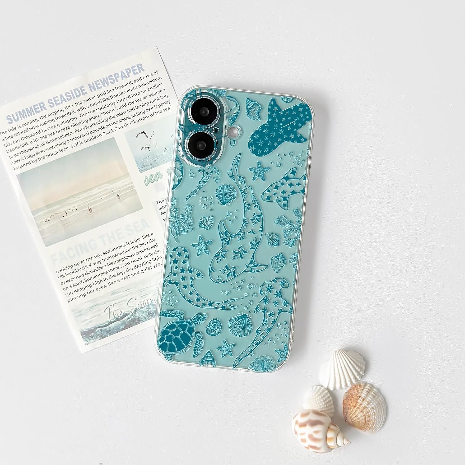 Compatible with iPhone 16 Case Clear Cute Shell Whale Sea Ocean Animal Pattern for Women Girls Full Camera Lens Slim Shockproof Protective Phone Cover - Green Turtle - Image 2
