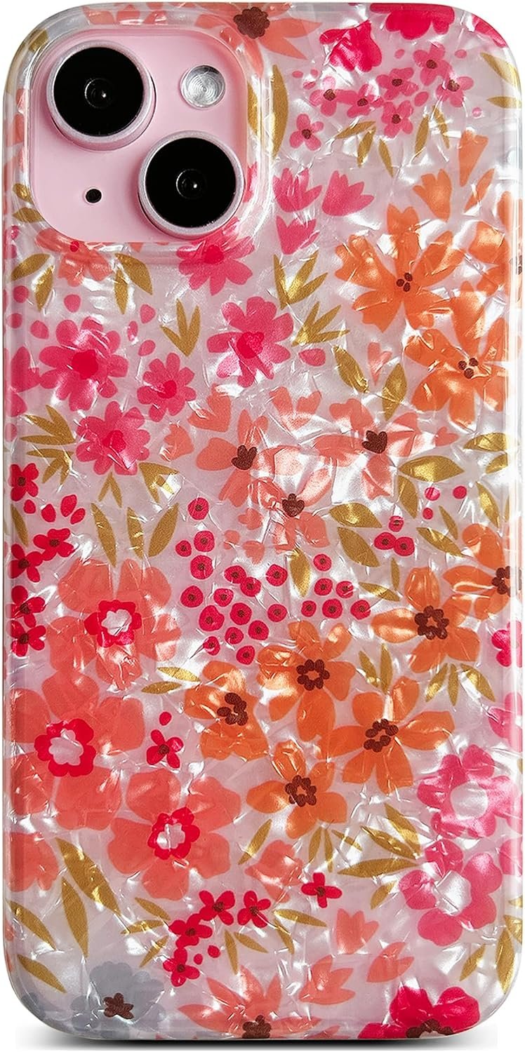 for iPhone 14/13 Case 6.1 inch,Cute Flower Design for Women, Shell Pattern Soft Bumper Lightweight Slim Fit TPU Shockproof Phone Cover,Pink Floral