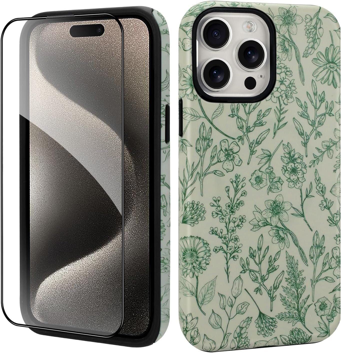 Magnetic Sage Floral Phone Case for iPhone 15 Pro, Vintage Green Flower Pattern Compatible with Magsafe Matte Protective Case Cover with Screen Protector for Girls Women - Image 2